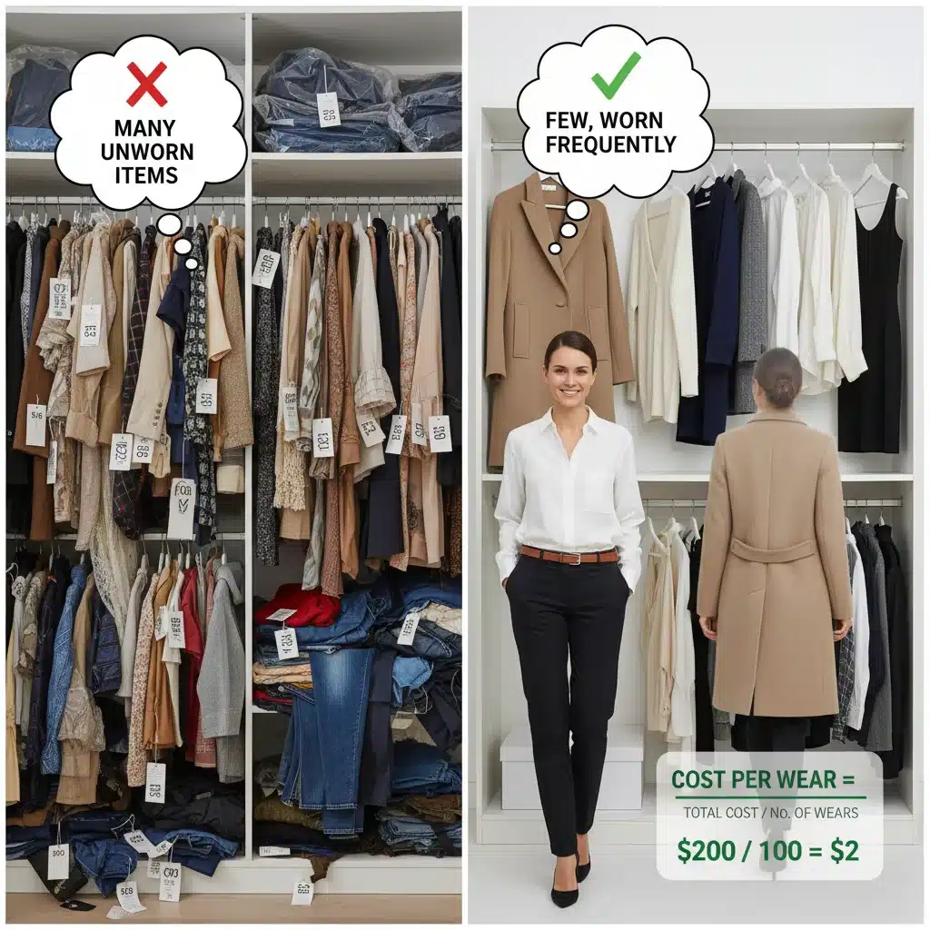 Cost per wear comparison, showing cluttered fast fashion versus minimalist, high-quality wardrobe.