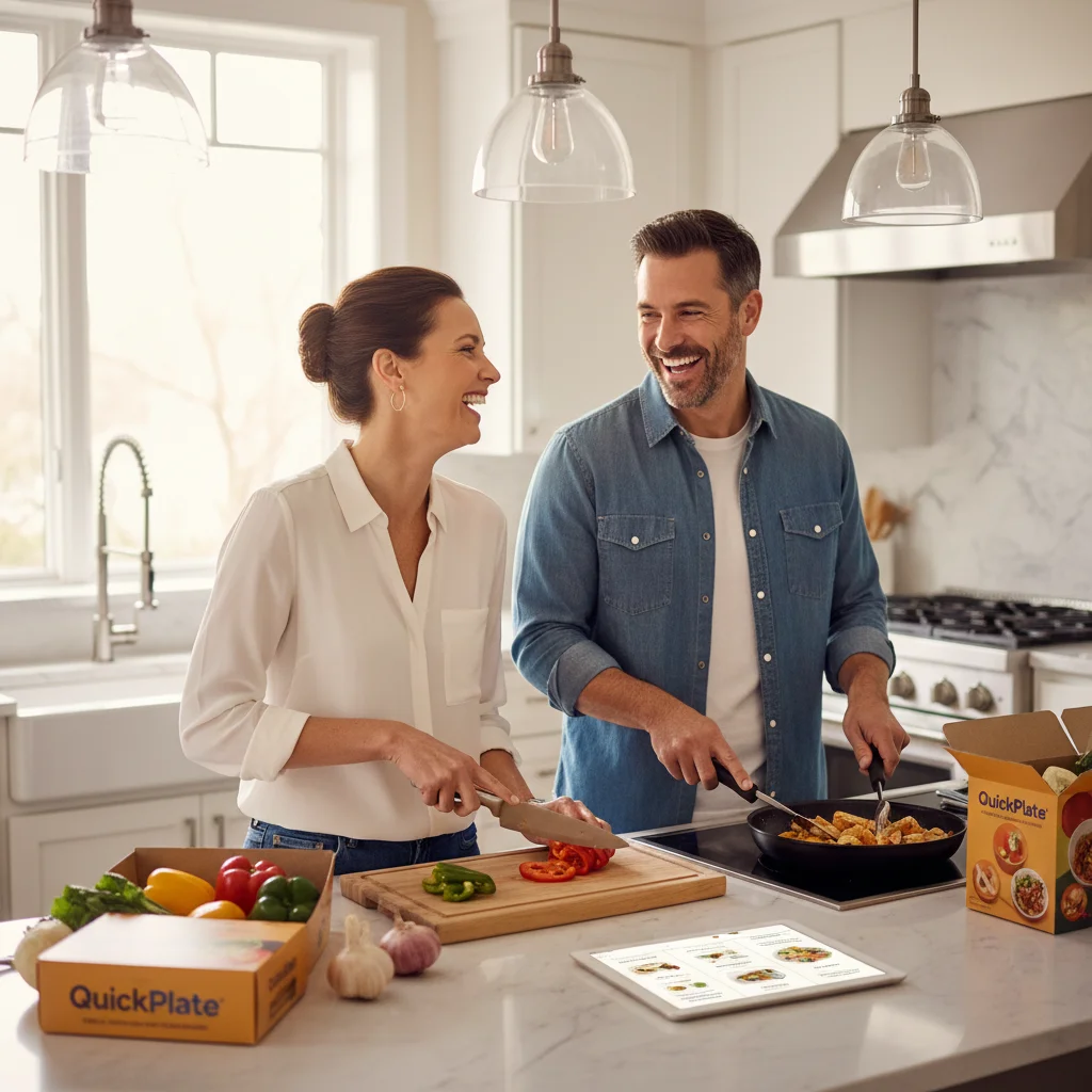 Couple enjoying cooking a meal kit dinner together in a modern kitchen.