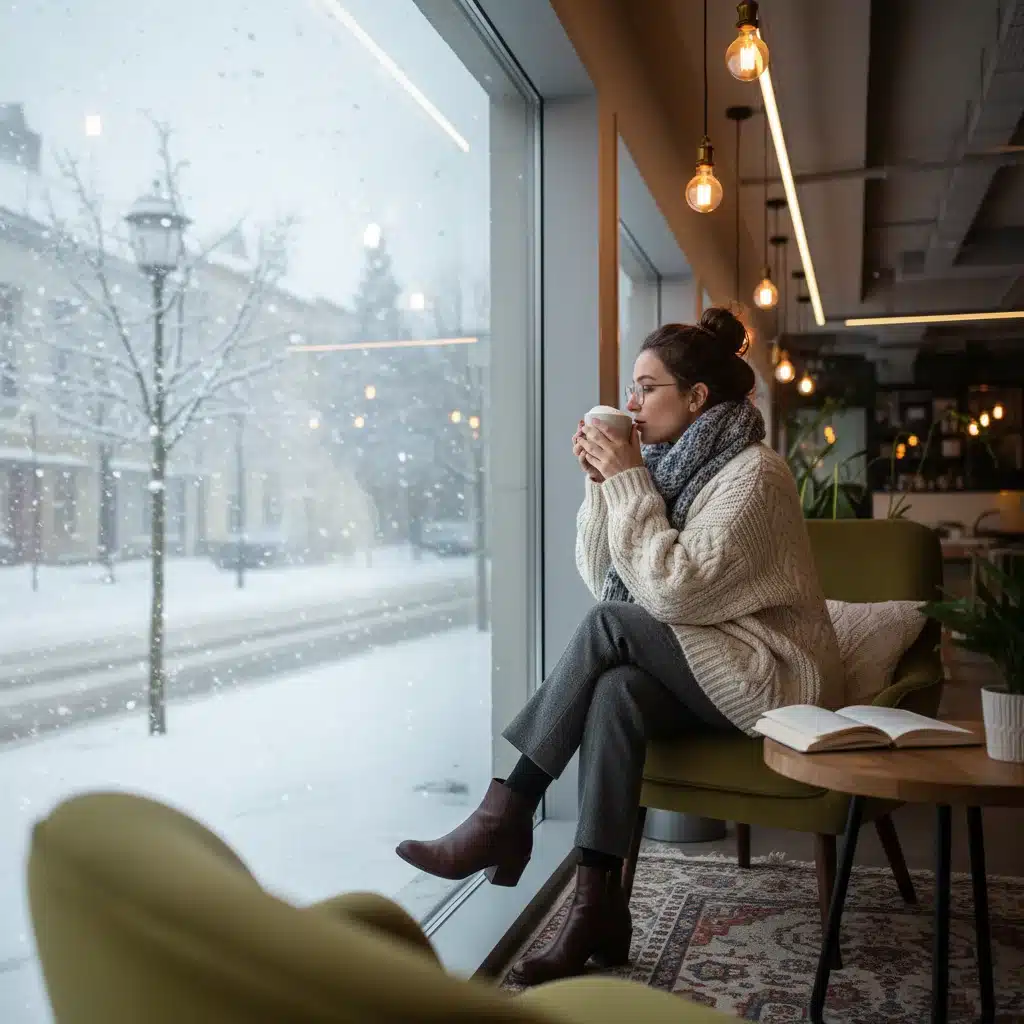 Person in oversized knit cardigan and tailored trousers in cafe