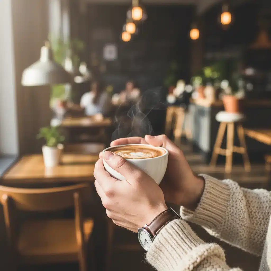 Cozy knit sweater and coffee in a trendy cafe