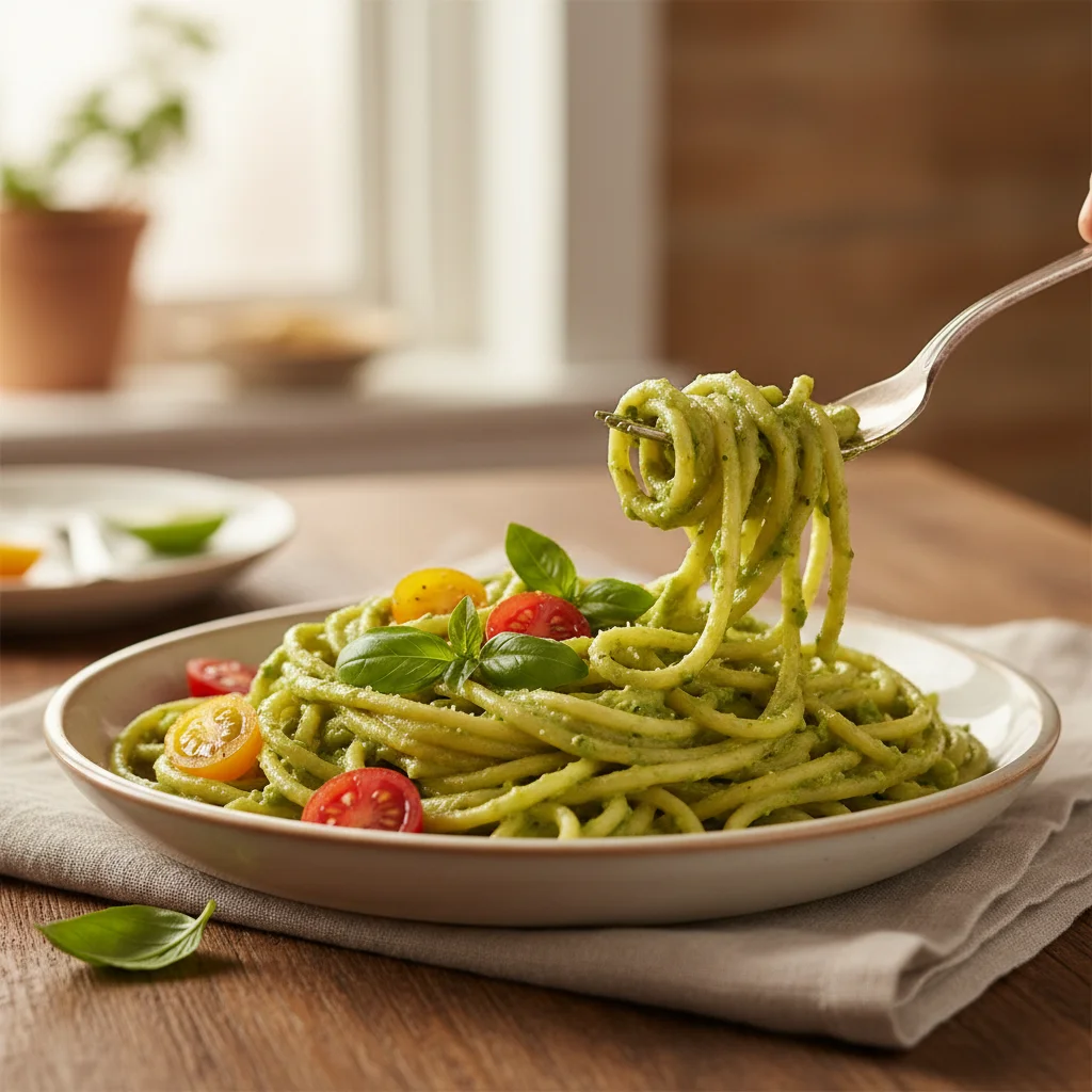 Creamy avocado pasta dish with basil and cherry tomatoes