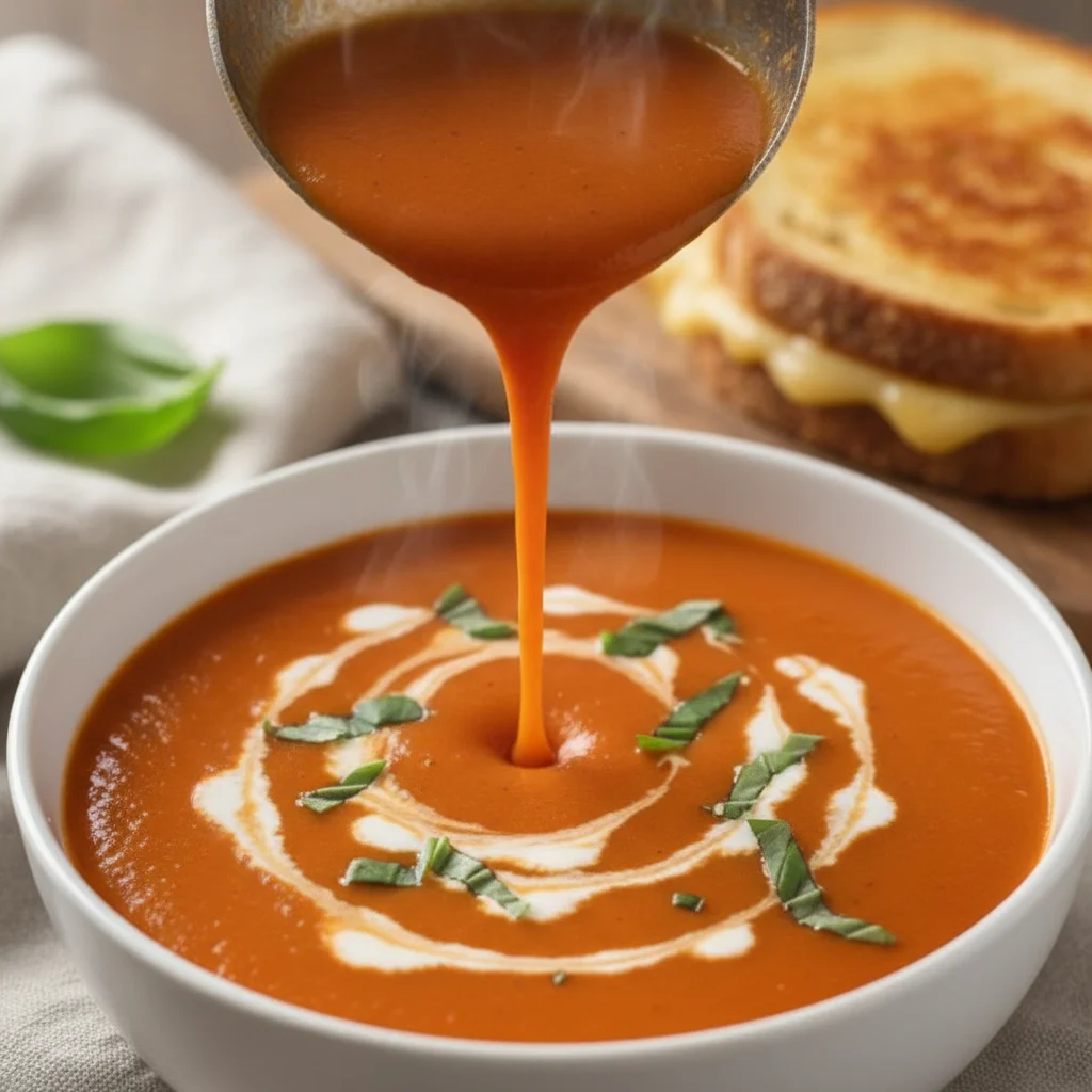 Creamy tomato soup with fresh basil and a grilled cheese sandwich.