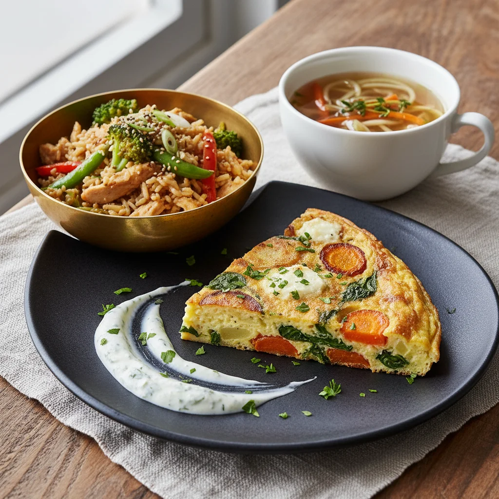 Delicious and creatively repurposed meal made from leftover ingredients, beautifully plated.
