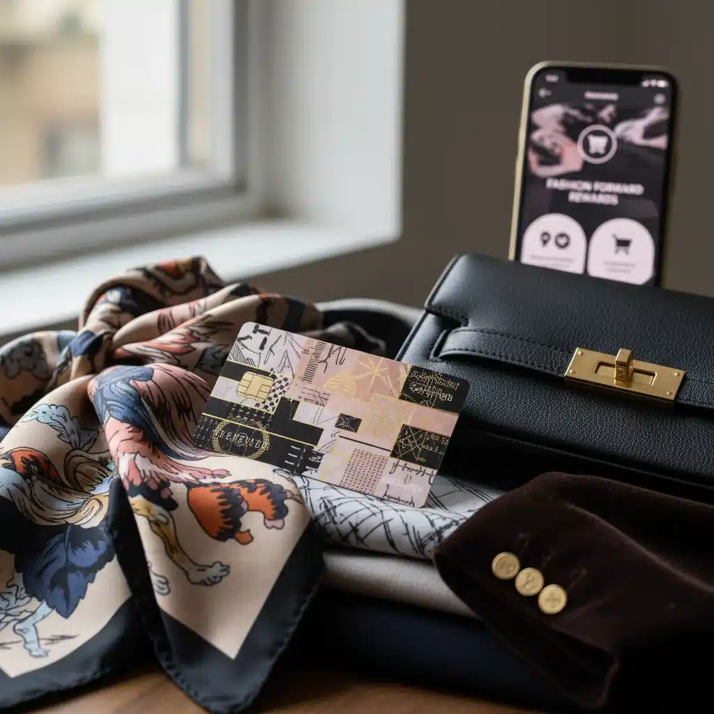 Close-up of a credit card on designer clothing with rewards app