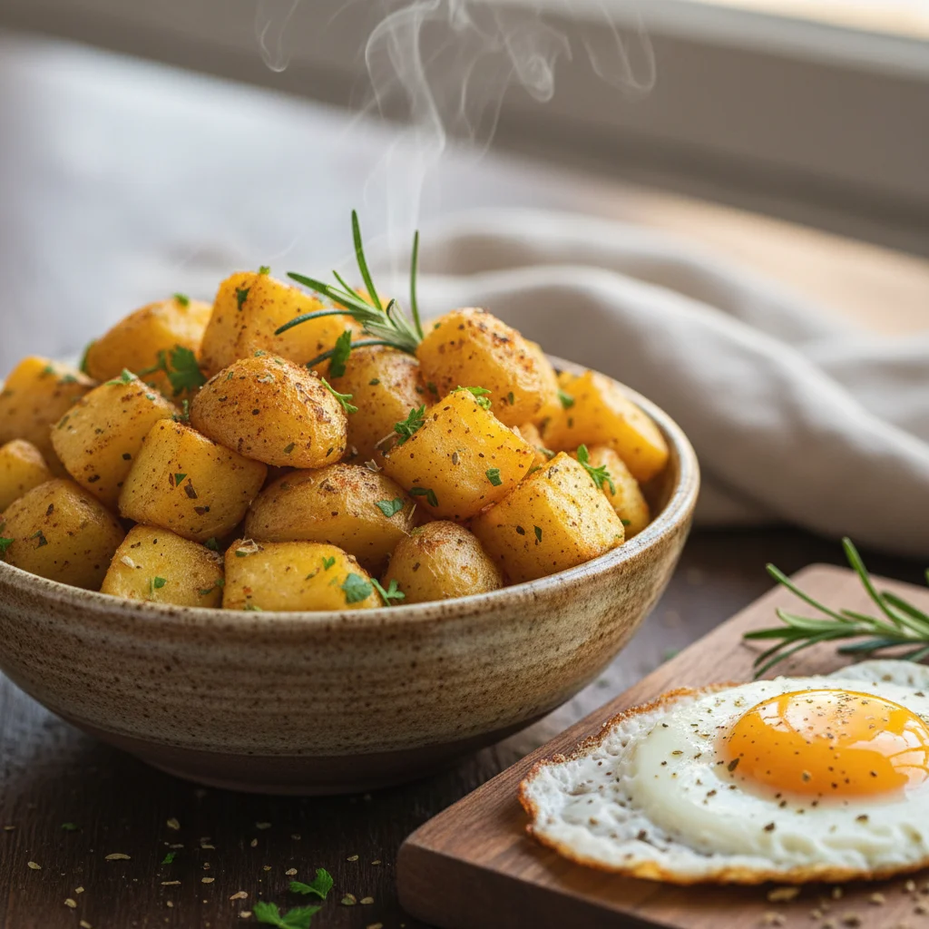 Crispy air fryer breakfast potatoes with herbs and a fried egg