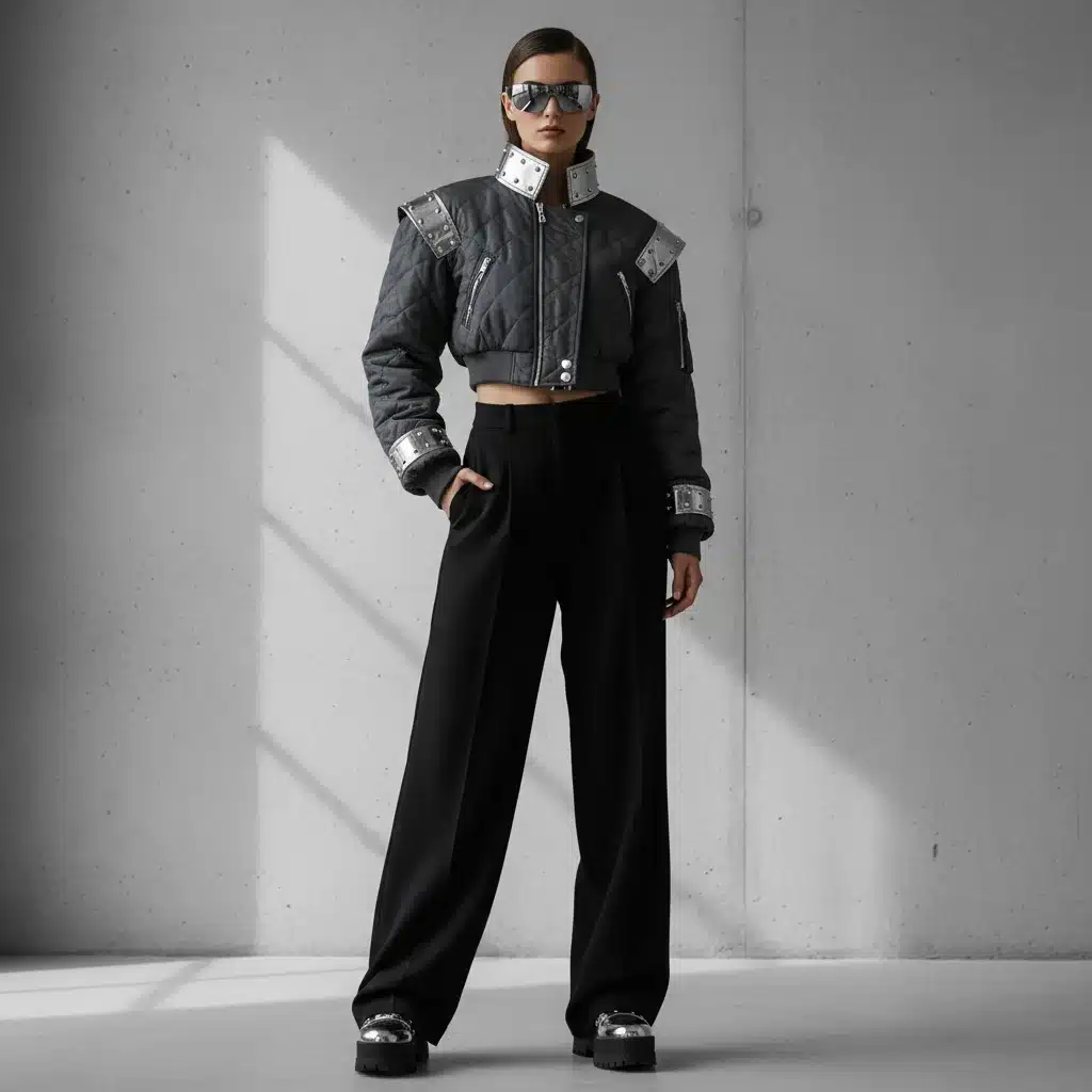 Person in cropped structured bomber jacket with metallic accents, showcasing modern edgy style.
