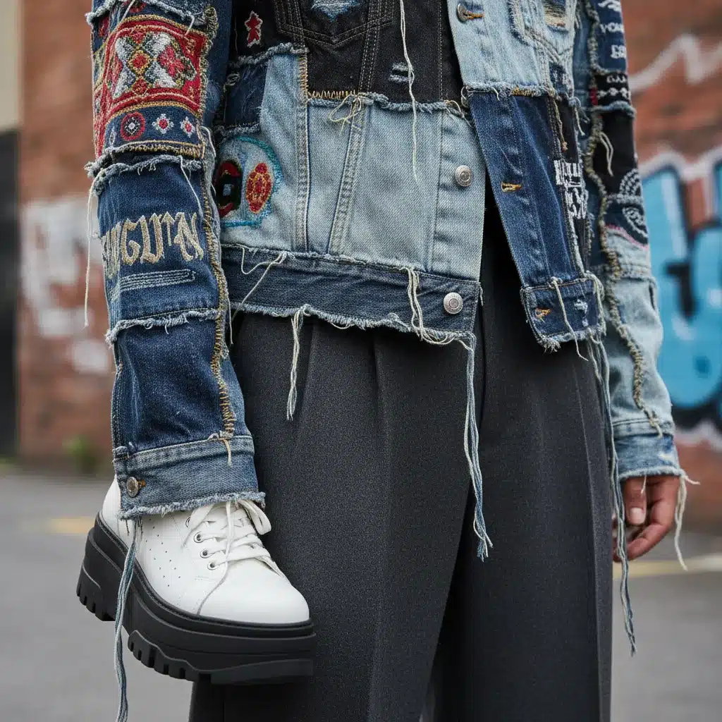 Person in deconstructed denim jacket and wide-leg trousers