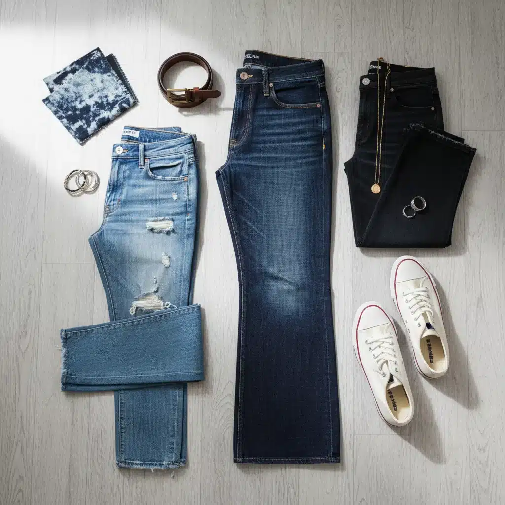 Flat lay of different jean cuts and accessories for versatile styling