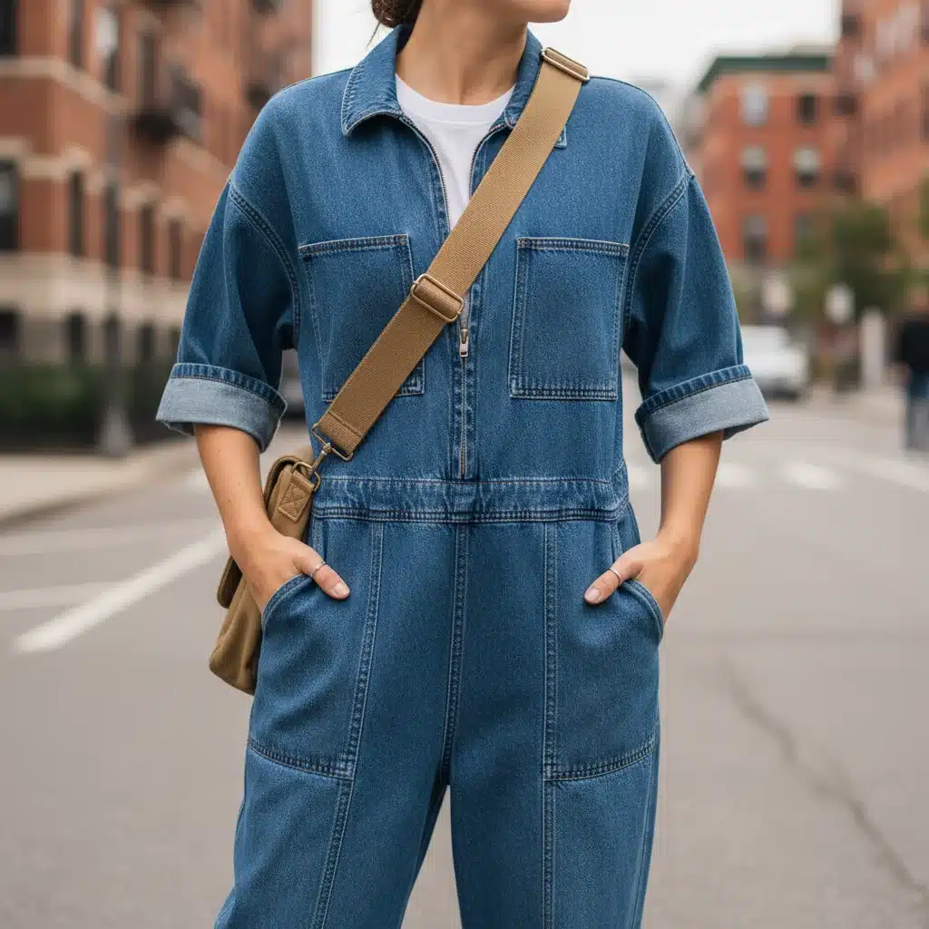 Casual denim one-piece jumpsuit with white tee and sneakers
