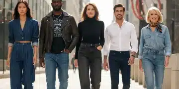 Stylish people showcasing diverse denim trends 2026 in urban setting