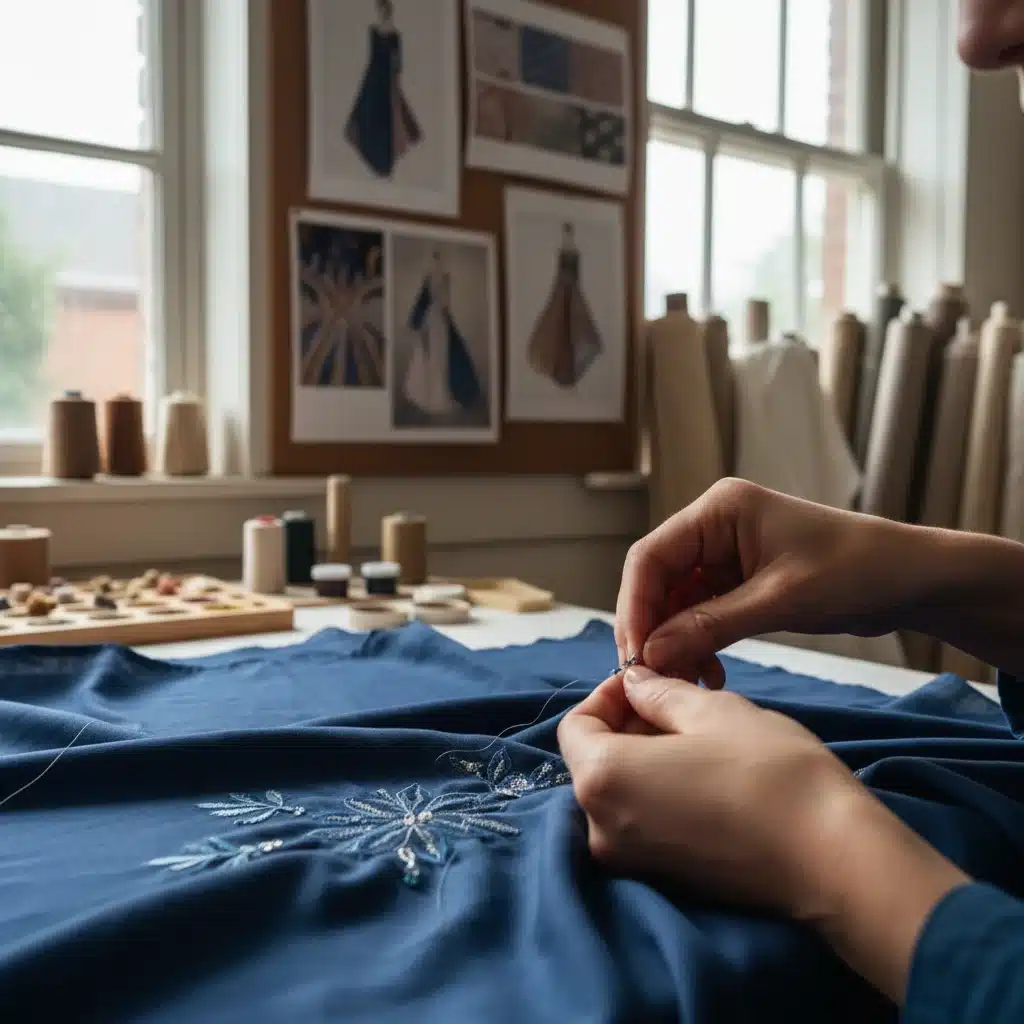 Fashion designer hand-stitching sustainable garment in studio.