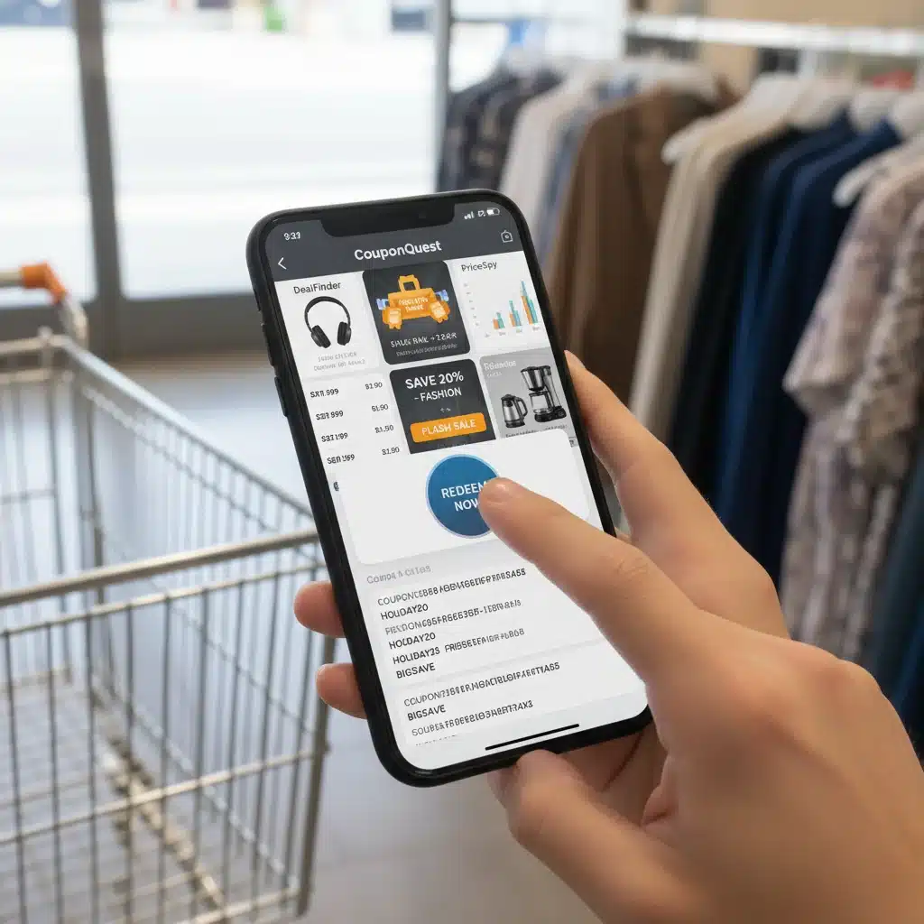 Smartphone displaying price comparison apps and digital coupons for fashion deals