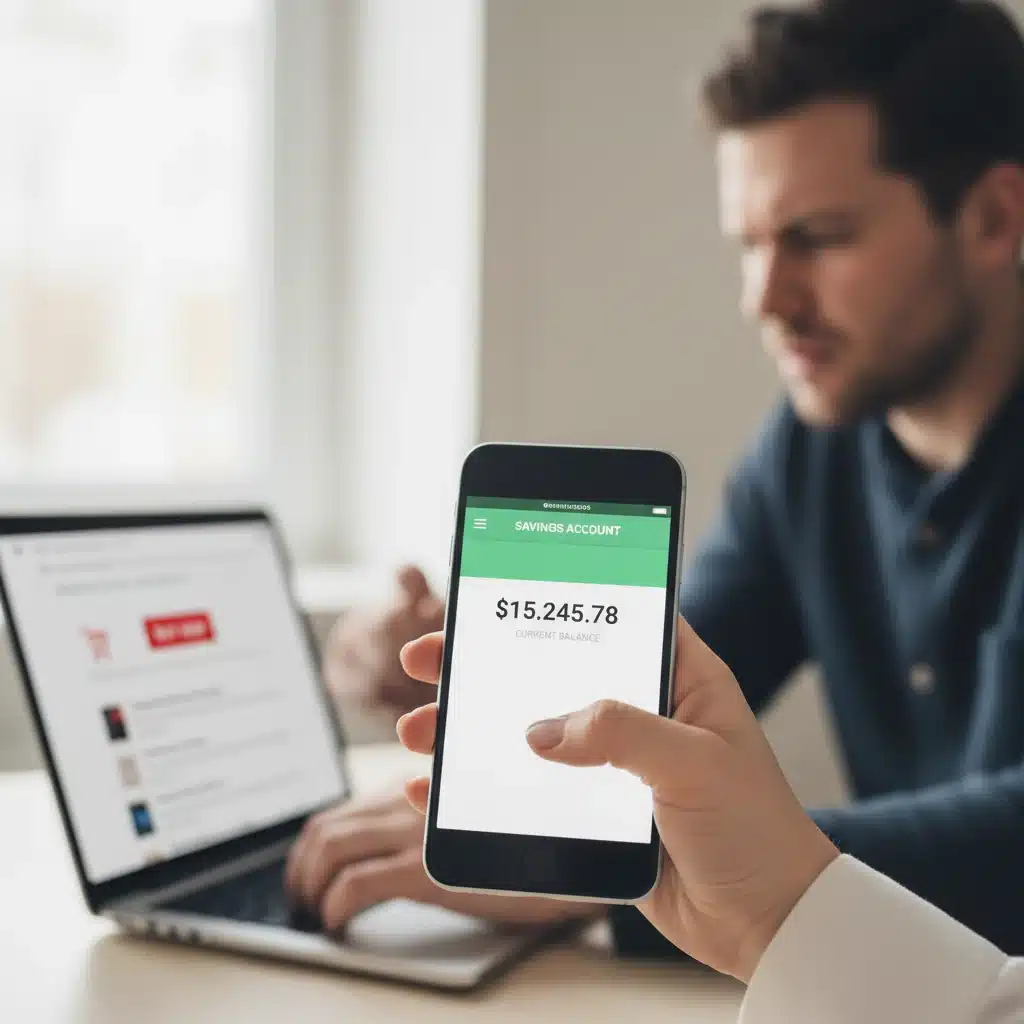 Smartphone showing savings account, resisting online purchase