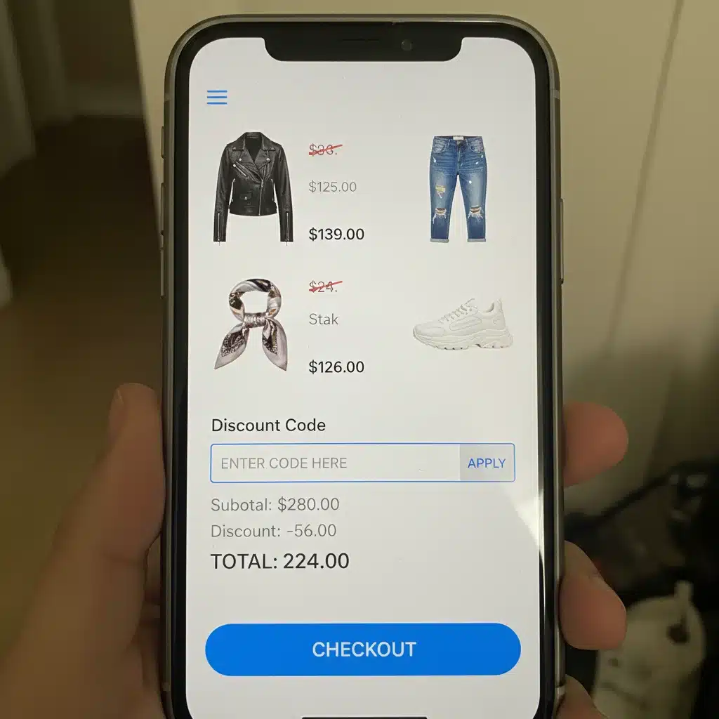 Smartphone screen with discount code applied to fashion shopping cart