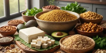 Assortment of diverse plant-based protein foods on a wooden table