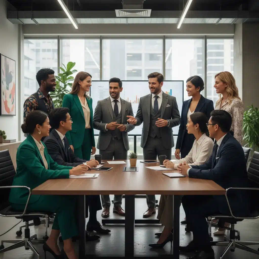 Diverse professionals in smart office attire collaborating