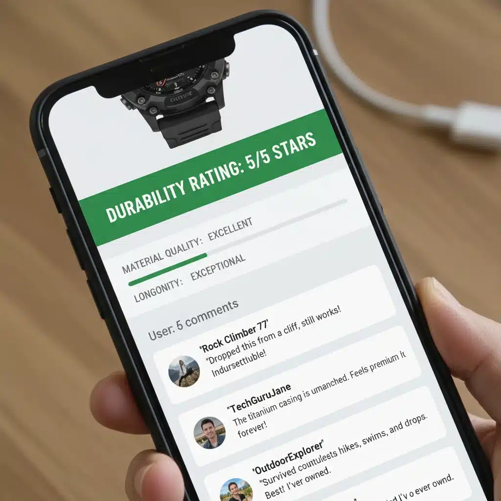 Smartphone showing positive durability reviews for a product
