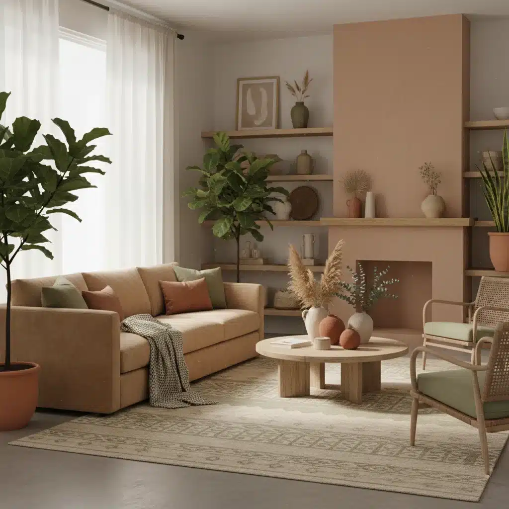 Interior design featuring earthy serenity color palette with natural textures and calm atmosphere.