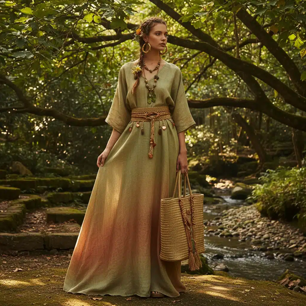 Eco-Chic fashion with natural fabrics and sustainable accessories outdoors.