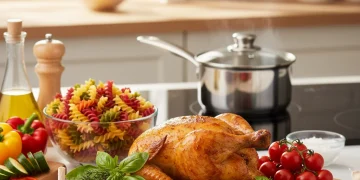 Fresh ingredients arranged for efficient cooking for one or two people