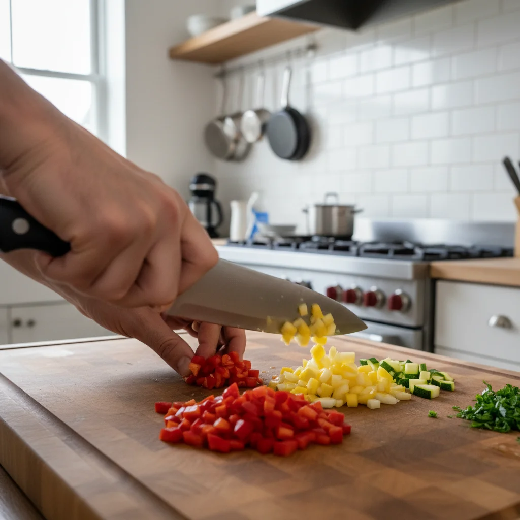 Chef demonstrating quick and efficient knife skills for rapid meal preparation.