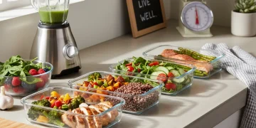 Efficient meal prep setup with containers and fresh ingredients.
