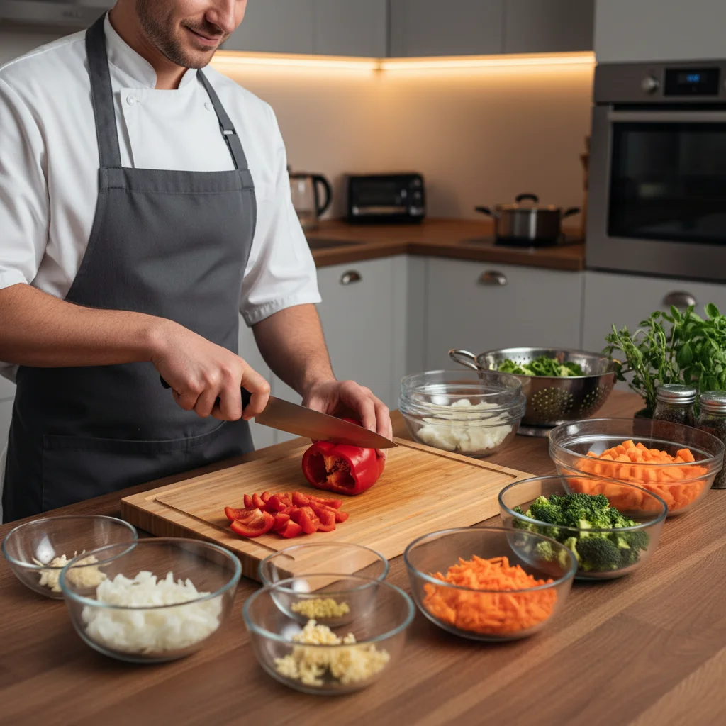 Person chopping vegetables, organized meal prep ingredients.