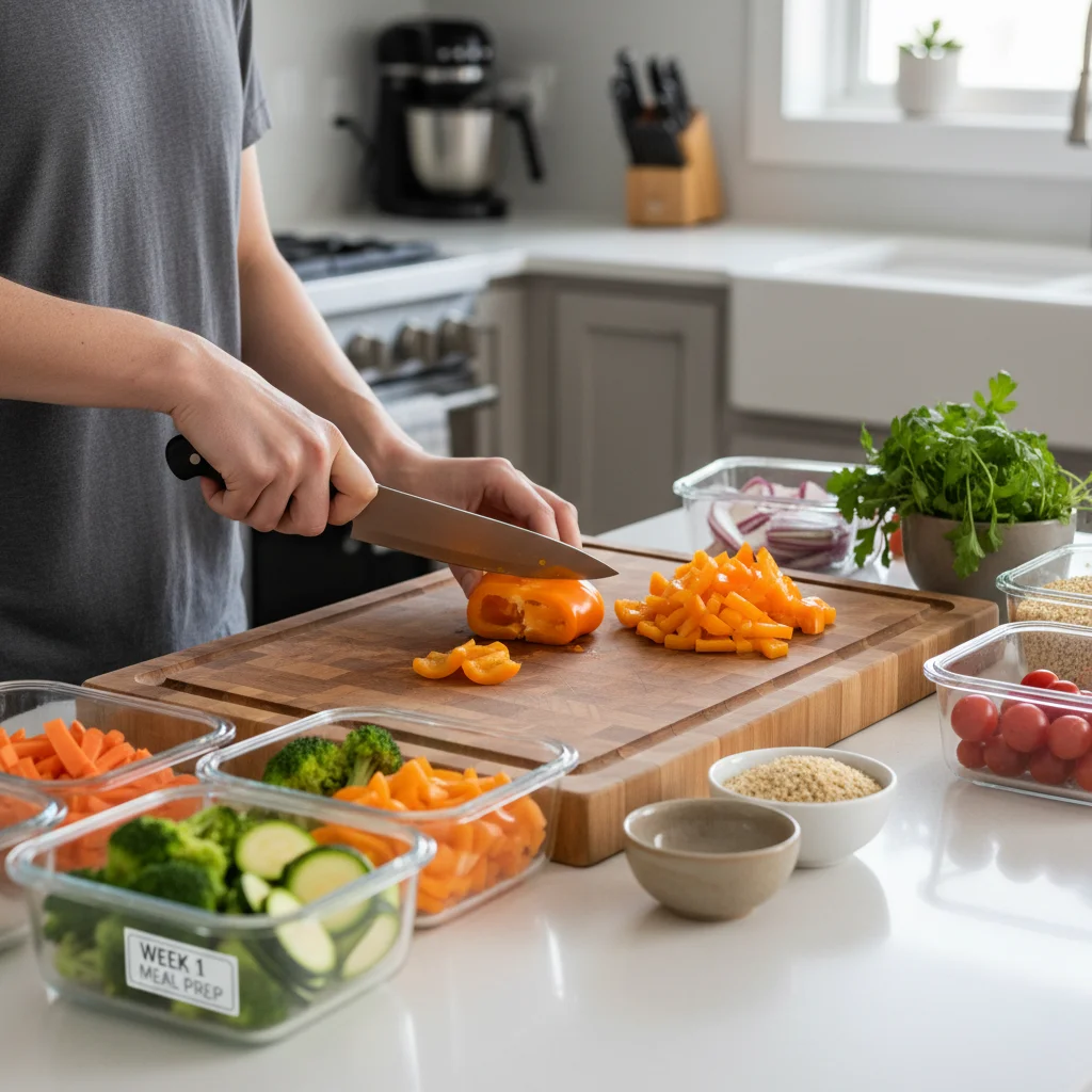 Person chopping fresh vegetables for meal preparation, showcasing efficiency.