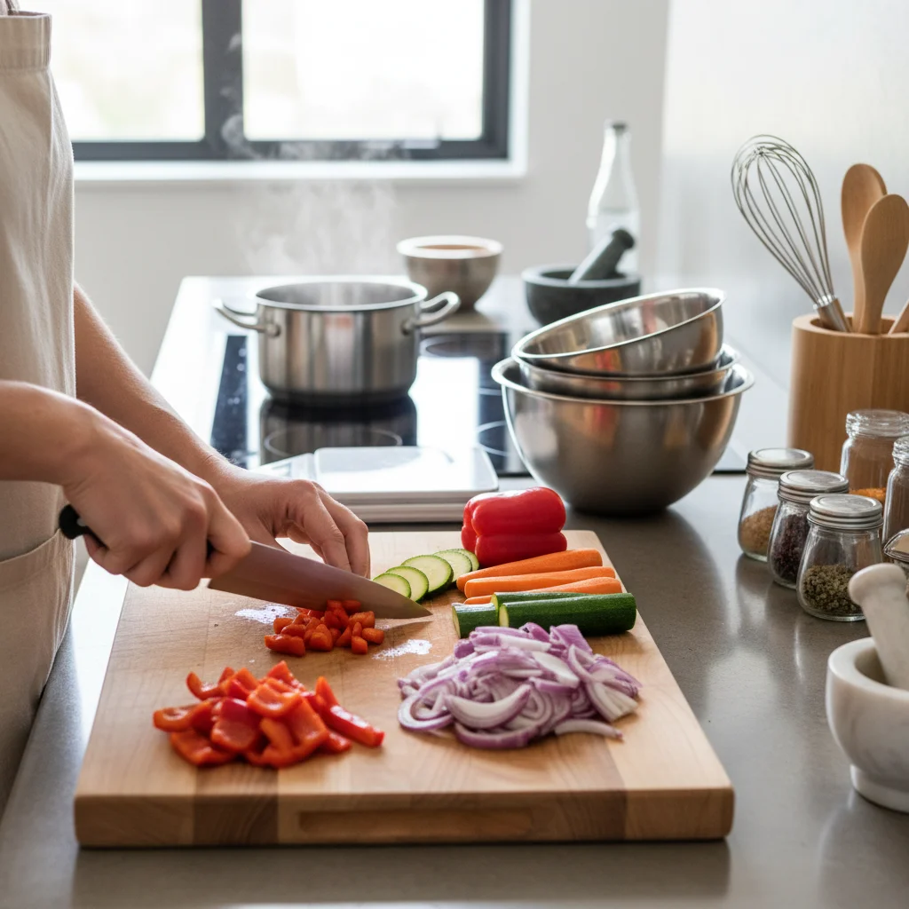 Person efficiently chopping fresh vegetables for meal prep.