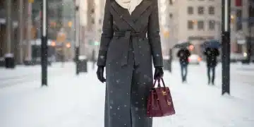 Elevated Winter Outfits 2026: Chic Style in Cold Weather Woman in elegant winter coat and accessories walking in snow