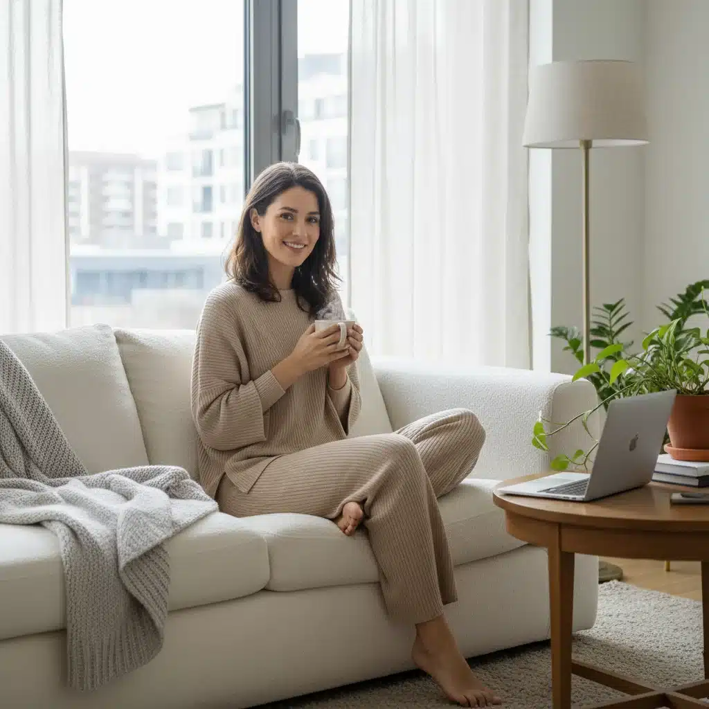 Woman in stylish loungewear working comfortably from her sofa, embodying the 'Elevated Loungewear' look.