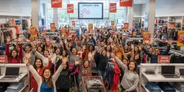 Happy shoppers during an end-of-season sale in early 2026, finding great deals