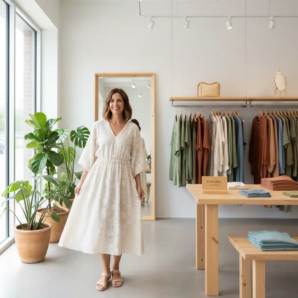 Woman trying on an ethically sourced dress in a sustainable fashion boutique, reflecting conscious consumerism.