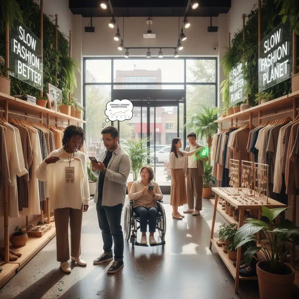 Consumers making informed, ethical fashion purchasing decisions in a sustainable store