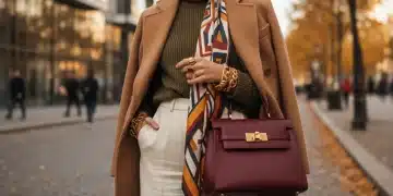 Stylish woman showcasing fall 2026 accessory trends with statement jewelry and innovative handbag