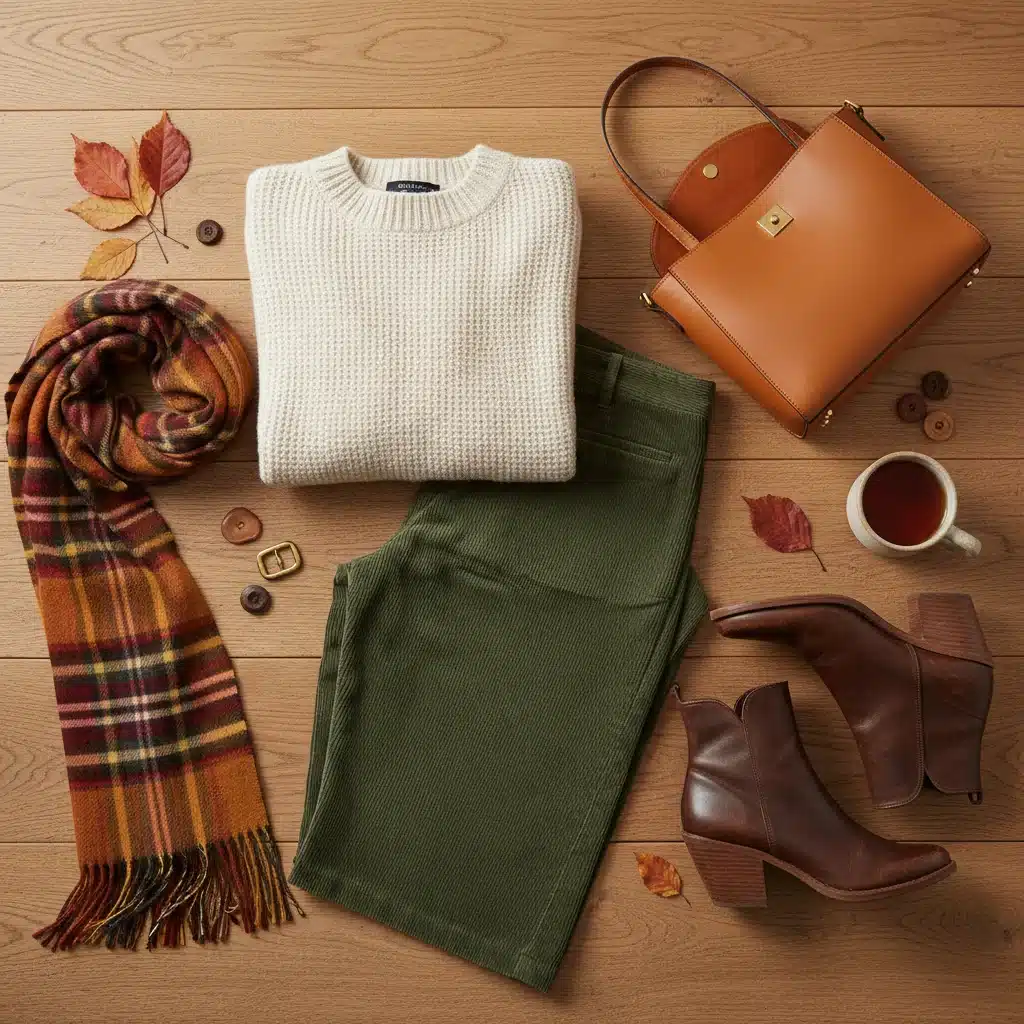 Flat lay of essential fall 2026 capsule wardrobe items in earthy tones