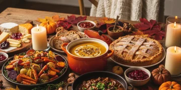 Autumn comfort food spread with pumpkin soup, apple pie, and roasted vegetables.