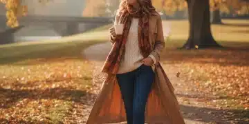 Woman in stylish fall 2026 layered outfit walking through autumn park