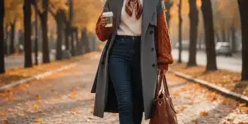 Woman demonstrating expert fall layering techniques with a chic autumn outfit