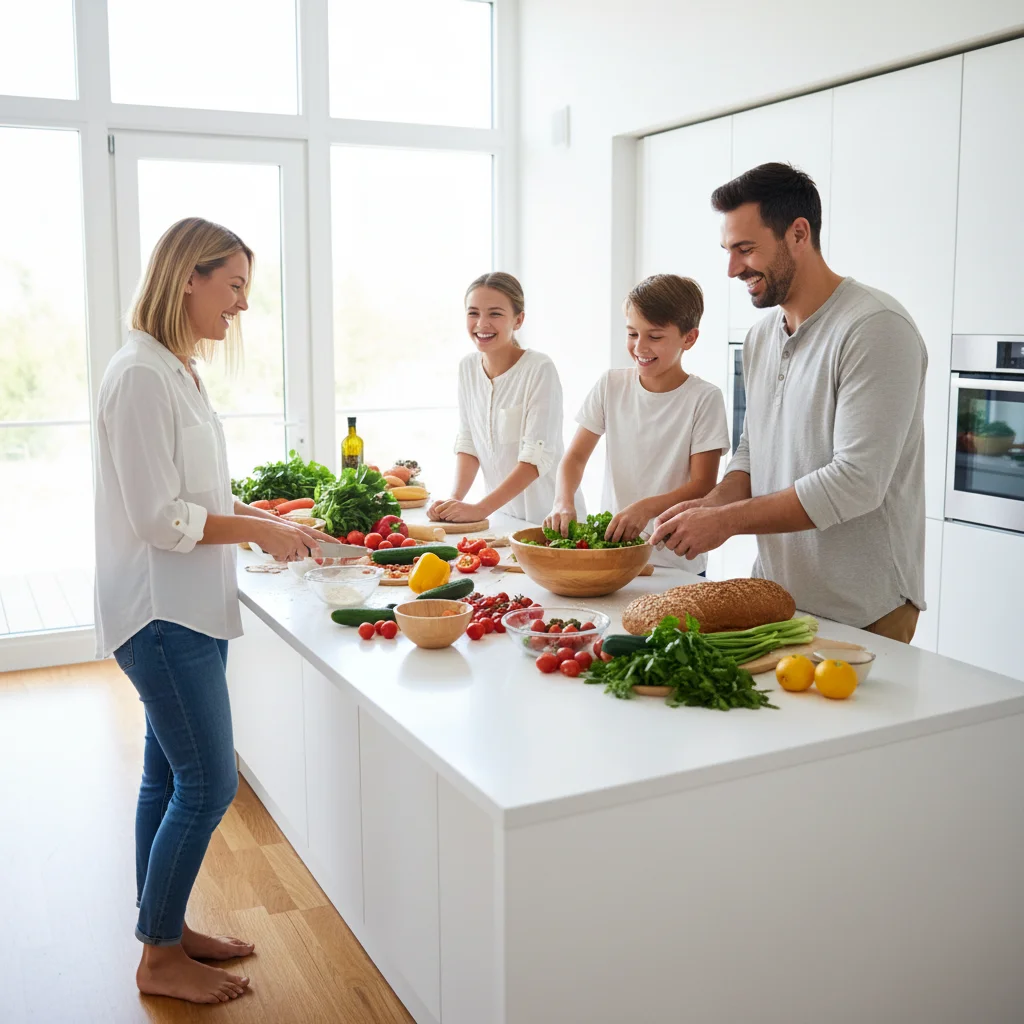 Happy family cooking a healthy meal together in a bright kitchen