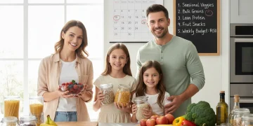 Happy family with healthy groceries and meal plan