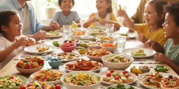 Family enjoying diverse kid-friendly weeknight meals at a brightly lit dinner table.