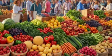 Abundant farmers market stall with fresh, colorful seasonal produce, promoting sustainable eating.