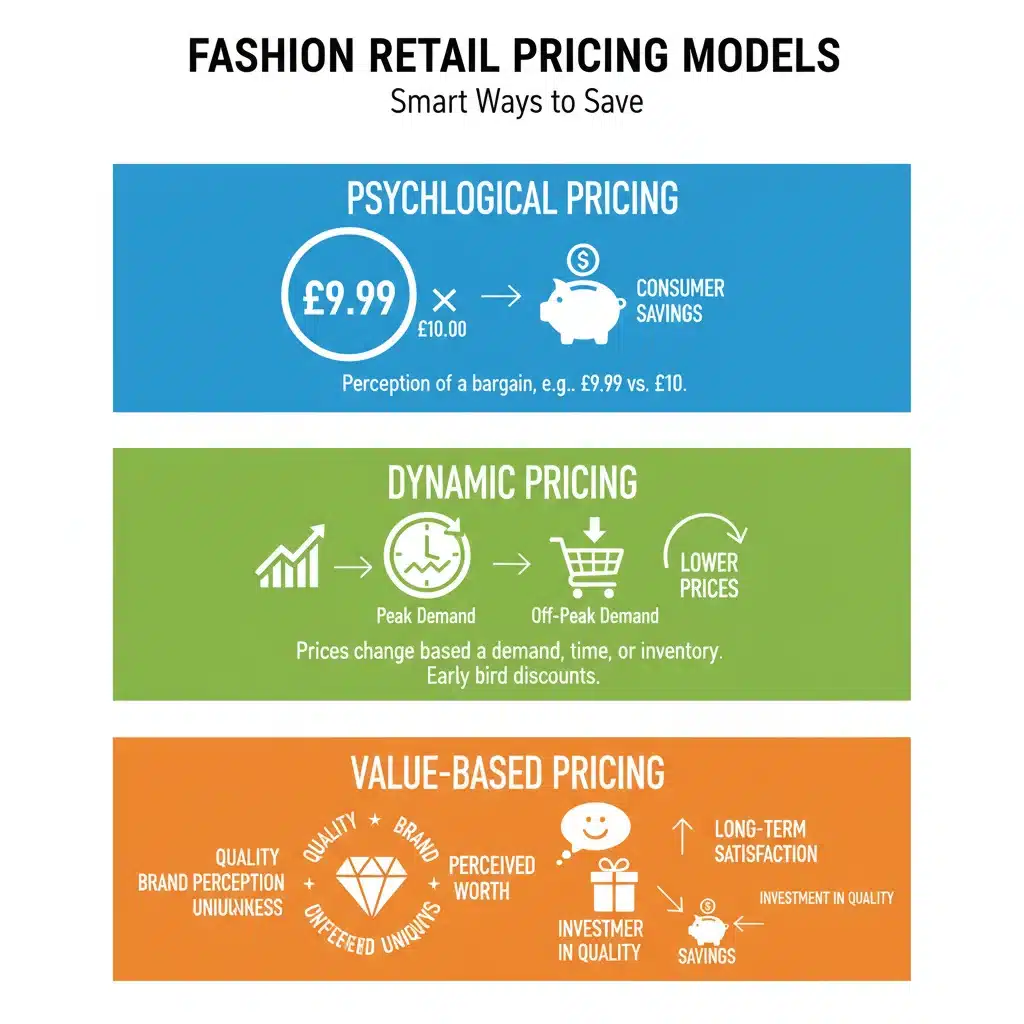 Infographic showing different fashion retail pricing models and potential consumer savings.