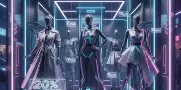 Futuristic fashion storefront with new arrivals and a 20% off reflection, symbolizing smart shopping in 2026.
