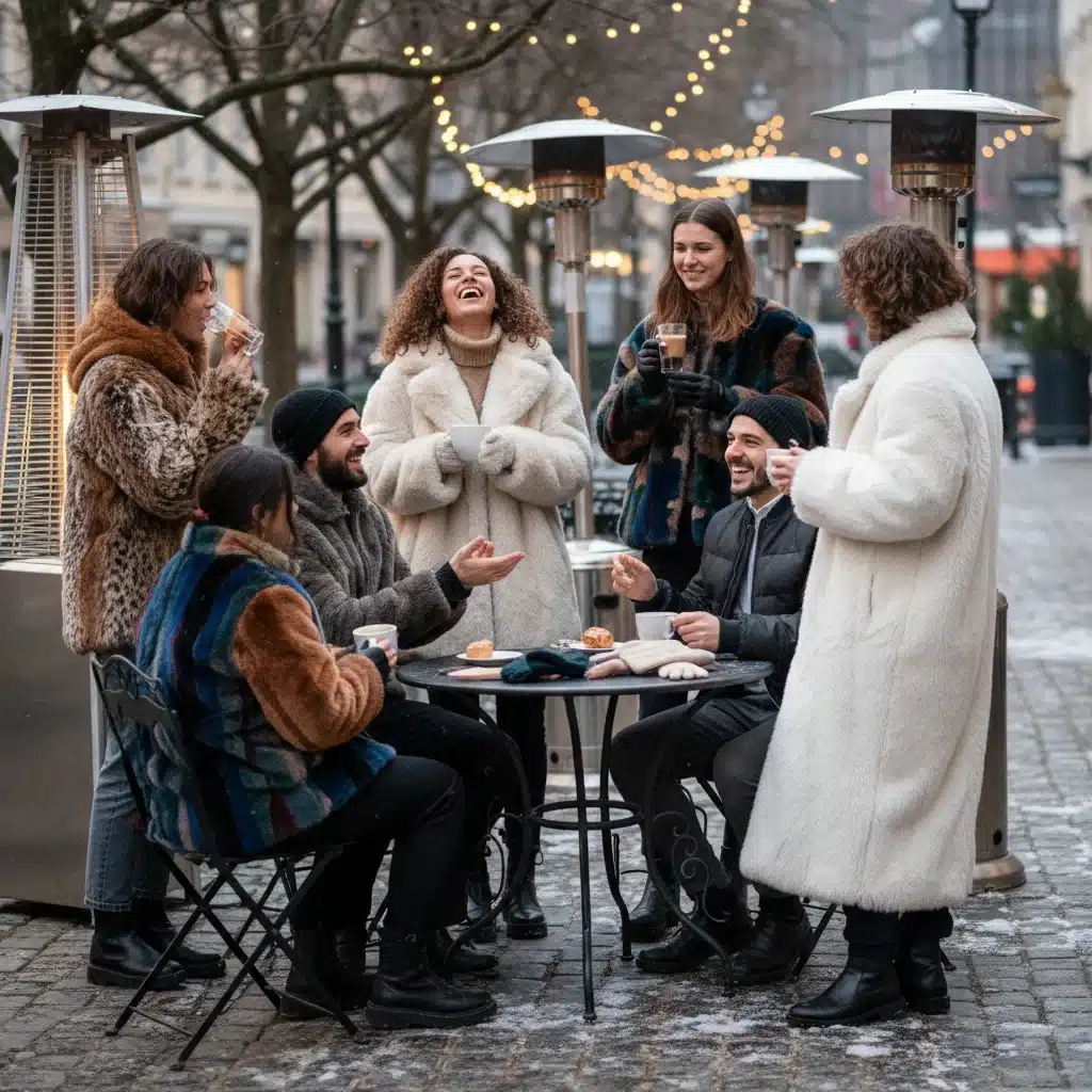 Group of friends in diverse faux fur jackets, cozy winter cafe setting