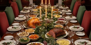 Elegant holiday table setting with roasted turkey, festive decor, and glowing candles, ready for a large family gathering.