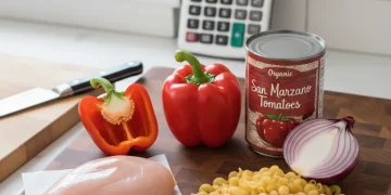 Five fresh ingredients laid out on a kitchen counter, symbolizing simple, budget-friendly cooking.