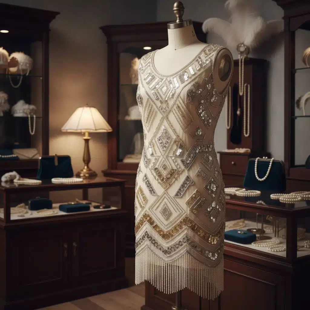 Intricate beading on a 1920s flapper dress in vintage boutique