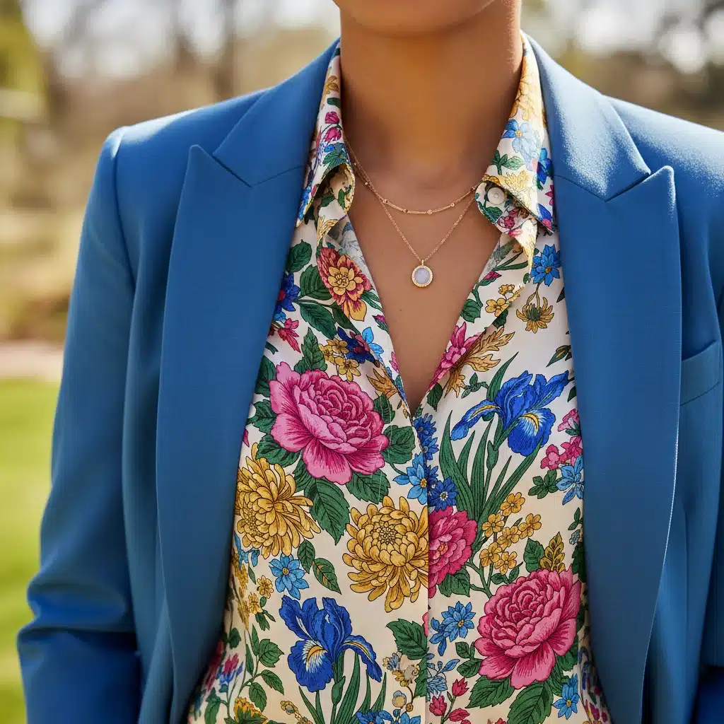 Close-up of a vibrant floral print blouse layered under a blazer, accessorized elegantly.